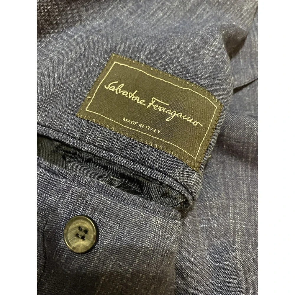 MENS SALVATORE FERRAGAMO BLAZER SIZE 42 R Linen MADE ITALY Blue Very Nice!